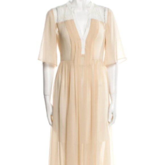 SANDRO Paris Beige and White Silk Popover Short Sleeve Midi Dress Size M - Picture 1 of 6